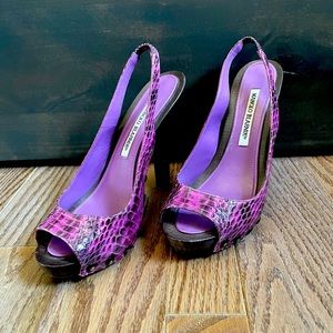 Manolo Blahnik Purple Snakeskin Wooden Slingbacks